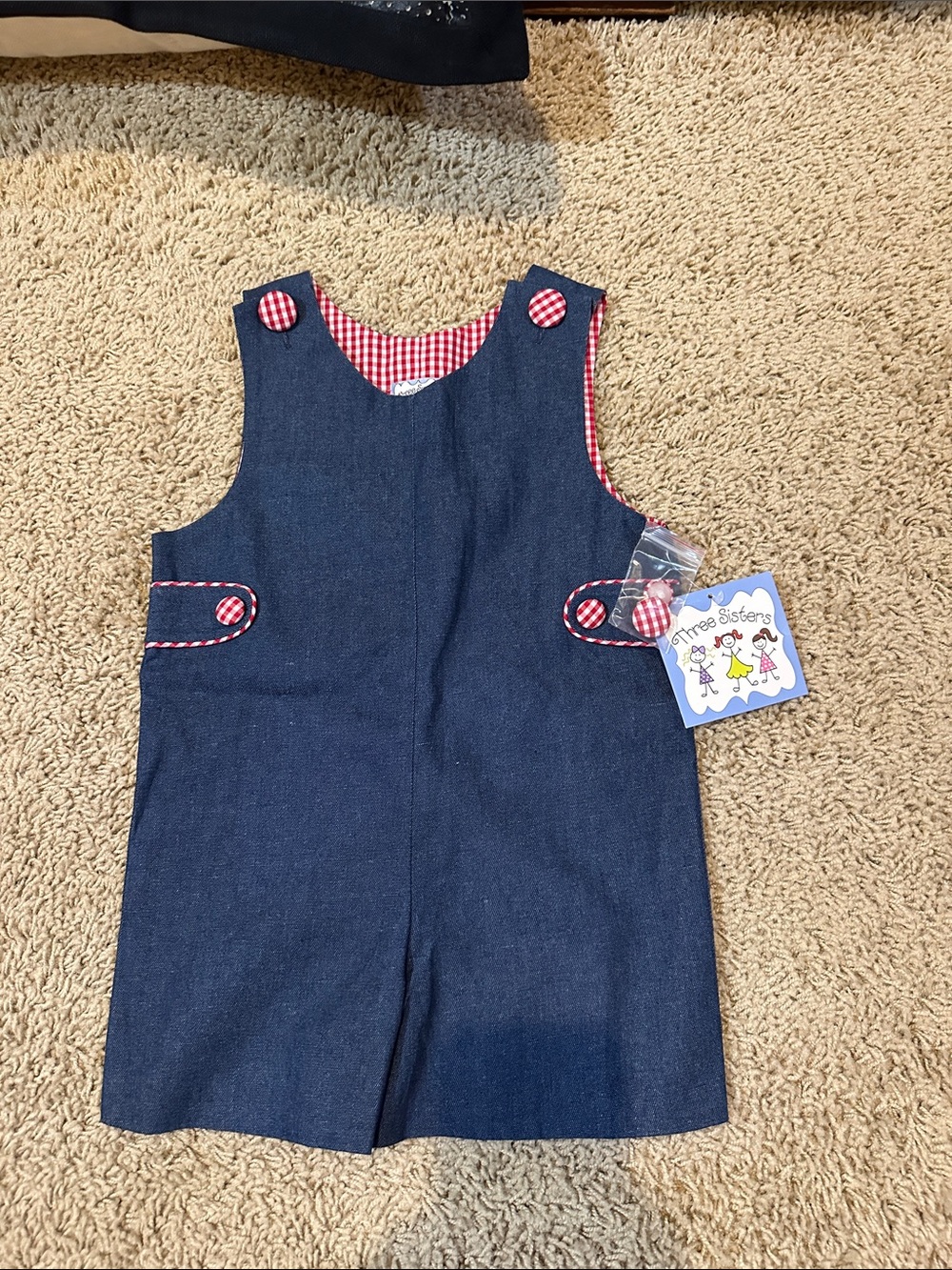 Three Sisters Navy Girls' Pinafore Jumper with Red Gingham Trim